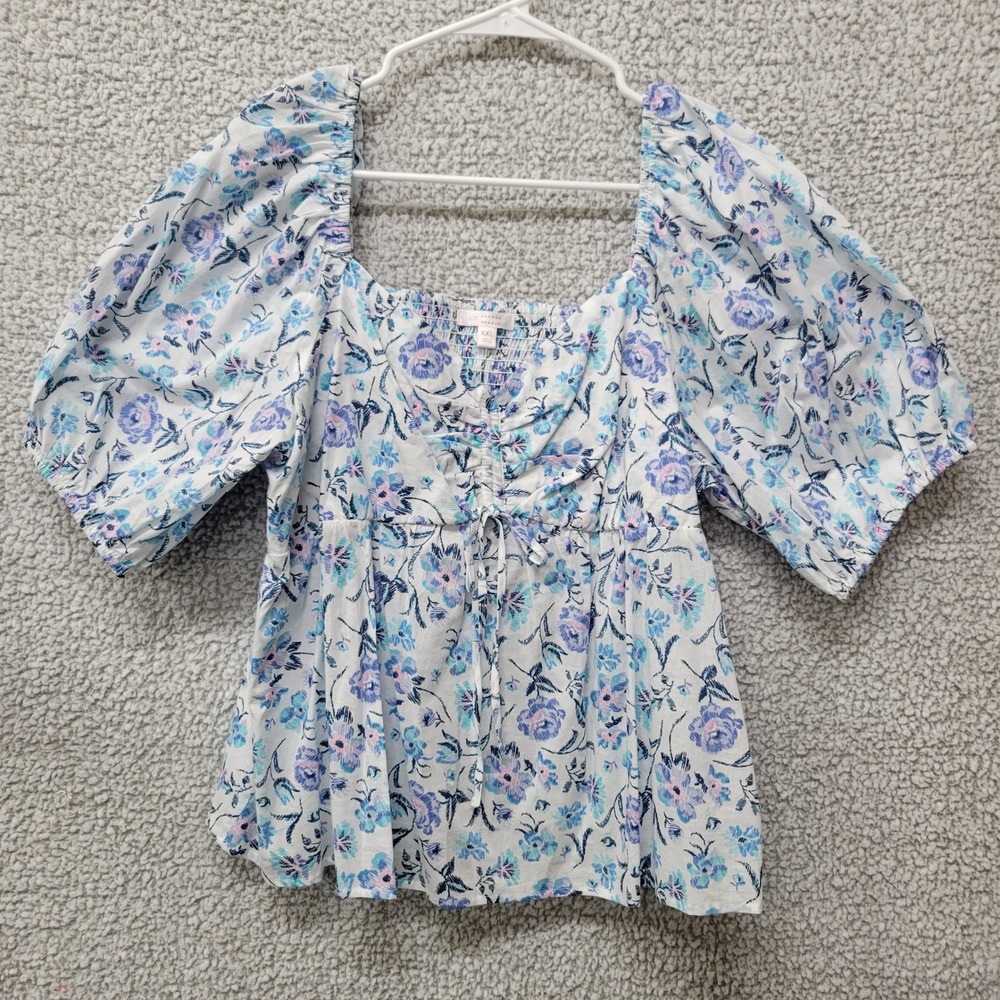 LC Lauren Conrad Floral Puff Sleeve Smocked Back Blouse XXL Blue White Cotton